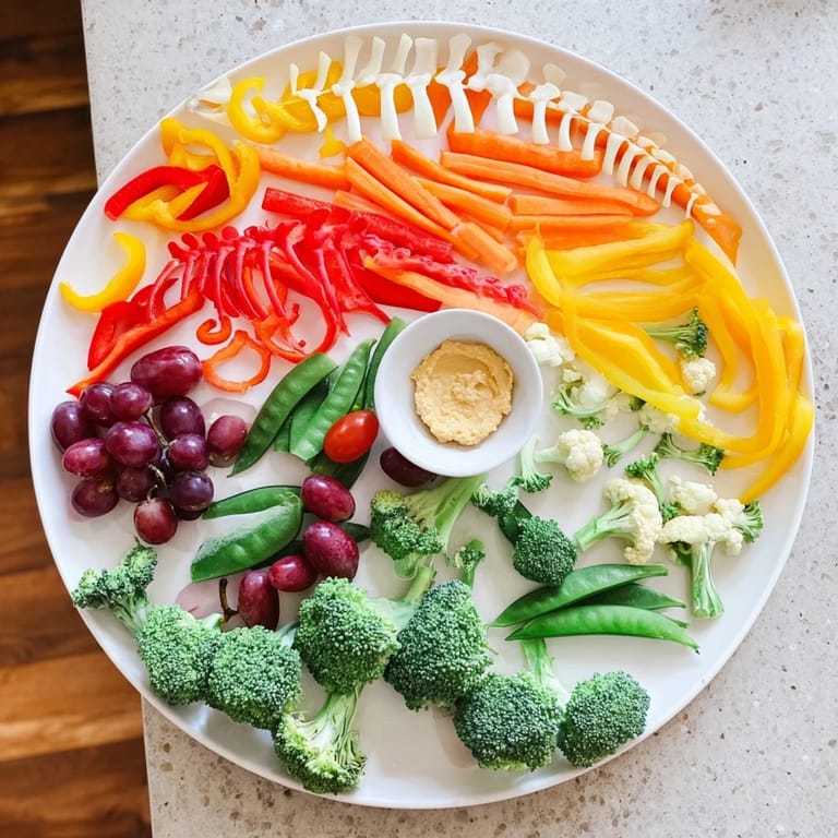 Dino-Mite Dinosaur Fossil Crudités: A vibrant veggie platter with carrot "bones" and colorful bell pepper fossils.