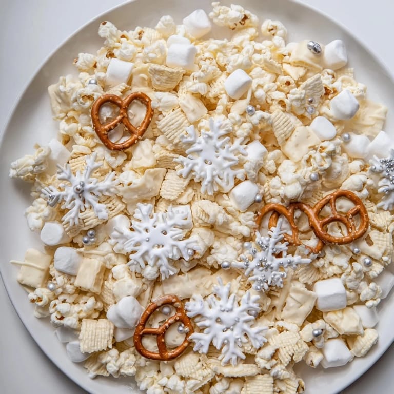 Crispy pretzels and popcorn mix within the Ski Season Snowflake Snack Mix, perfect for sharing.