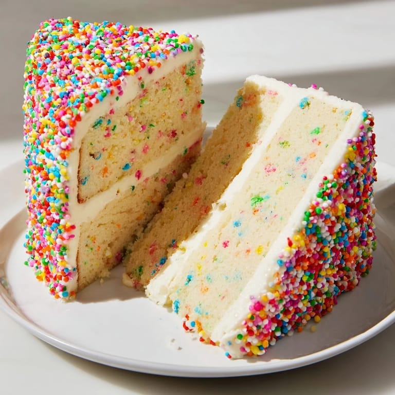 Urodzinowe ciasto z waniliowym smakiem, delikatną śmietanką i mnóstwem posypki, idealne na świętowanie.
