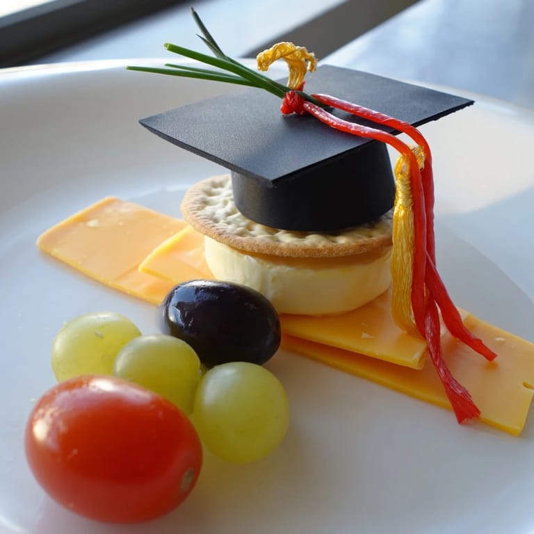Apetyczny talerz w kształcie czapki absolwenta, pełen sera, warzyw i pysznych smakołyków.