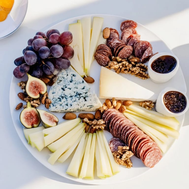 Delicious Wine & Food Pairing Platter: cheeses, meats, crackers, and elegant wine selections.