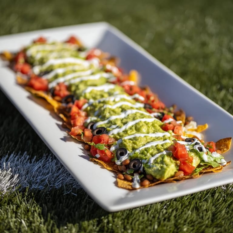 This Football Field Dip Platter features fresh toppings and creamy layers visible on the platter.