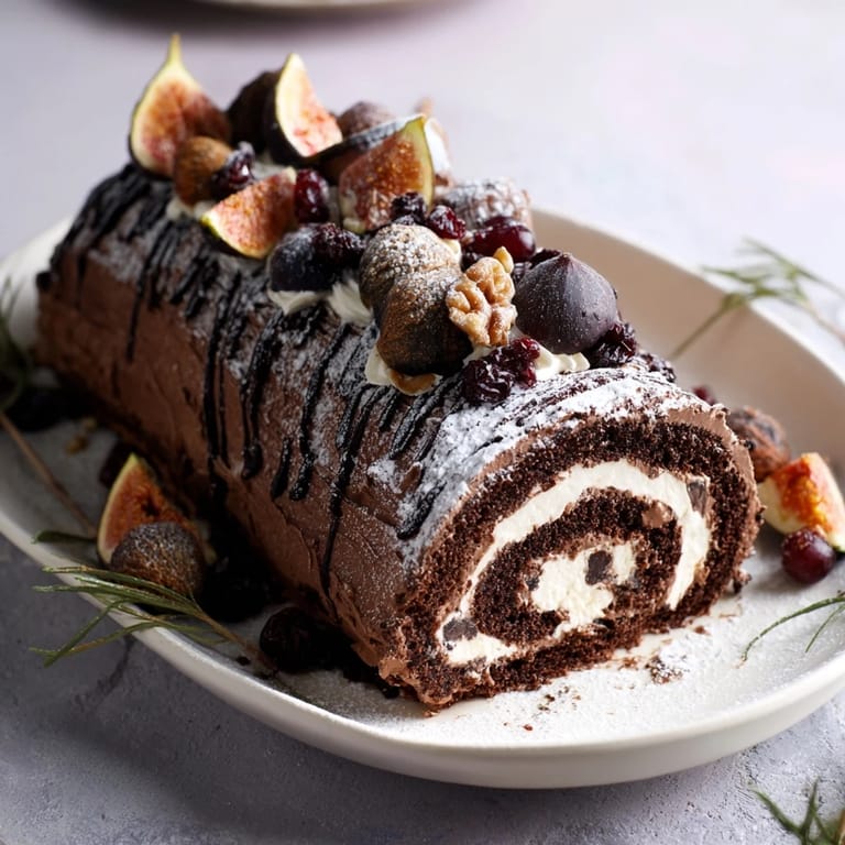 Zimowy przysmak z kominką: bogaty w czekoladę rolada na desce z pierniczkami i owocami.