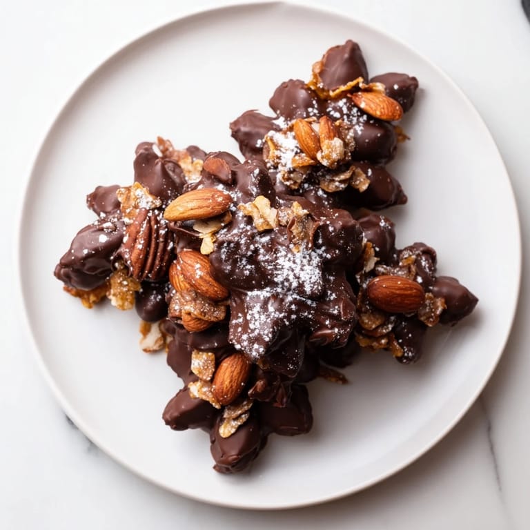 Delectable Rustic Dessert: Pinecone Chocolate Nut Clusters; textured, crunchy treats perfect for a festive occasion.