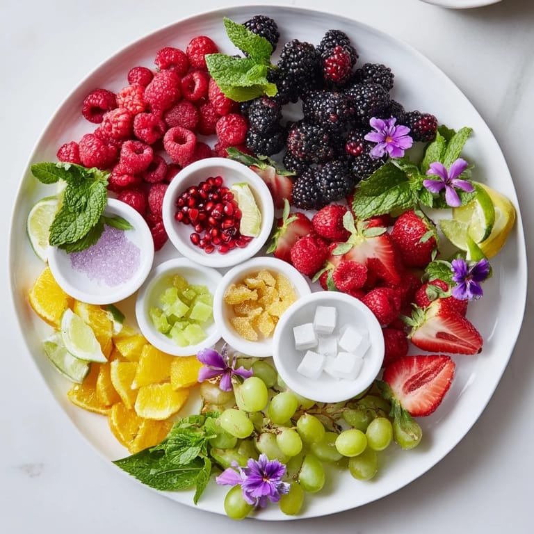 Guests can customize their drinks with the festive components of this beautiful Bubbly Bar Garnish Platter.