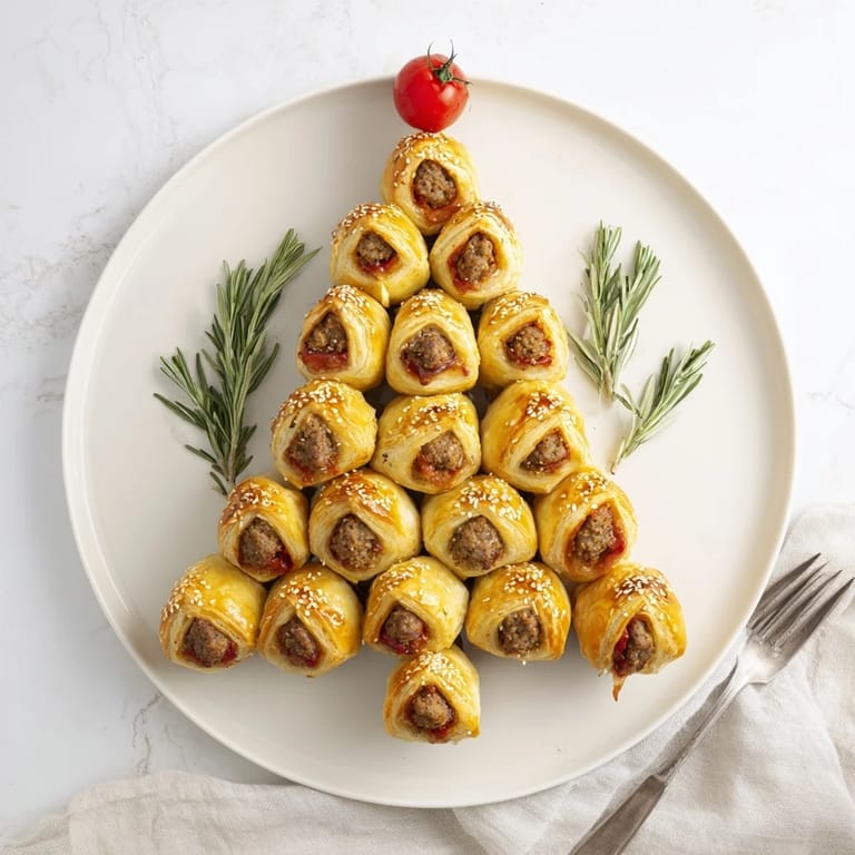 Aromatyczne mini rolady z kiełbasą i przyprawami, uformowane w kształt drzewka, serwowane z miodowo-musztardowym dipem.