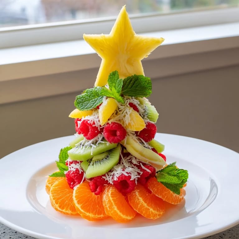 Healthy and colorful: A dairy-free kiwi and raspberry Christmas tree fruit plate ready to enjoy.