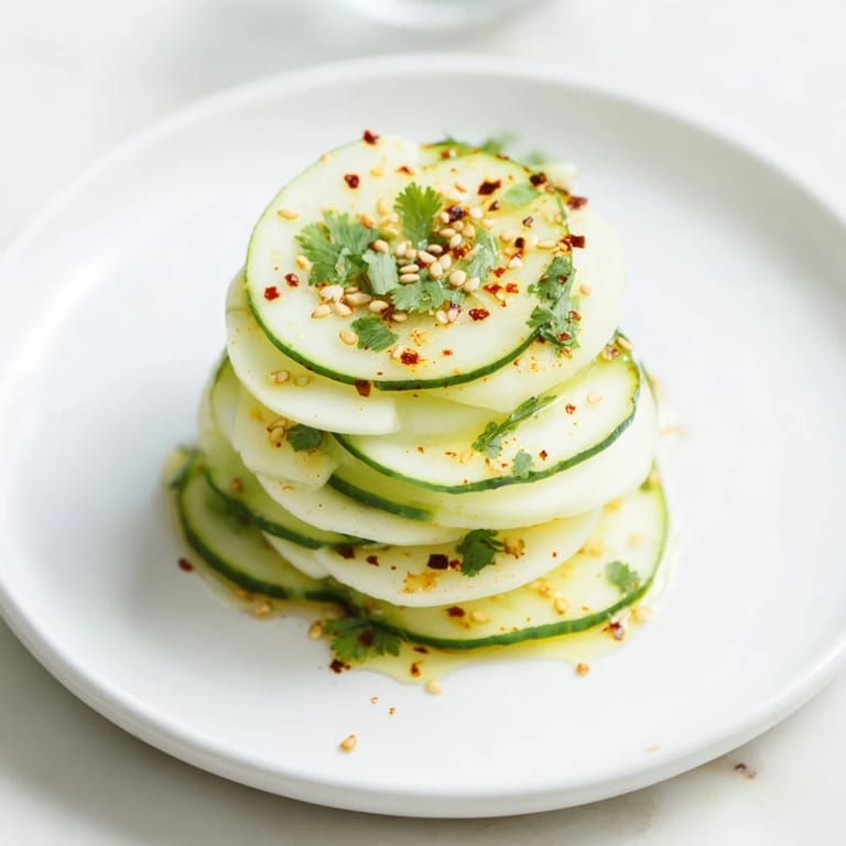 Świeży stos plasterków jicamy i ogórka, serwowany z dressingiem, to idealna wegańska przystawka.