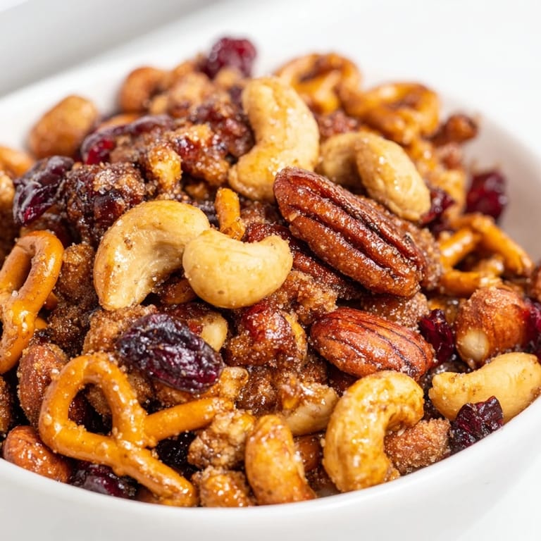 Sweet and Salty Holiday Nut Bowl with golden, roasted nuts and crunchy pretzels.