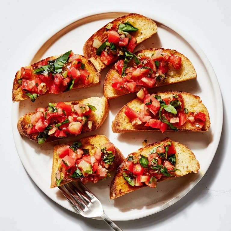 Złociste tosty bruschetta z pomidorami i czosnkiem, ułożone wzdłuż, gotowe do natychmiastowego serwowania.