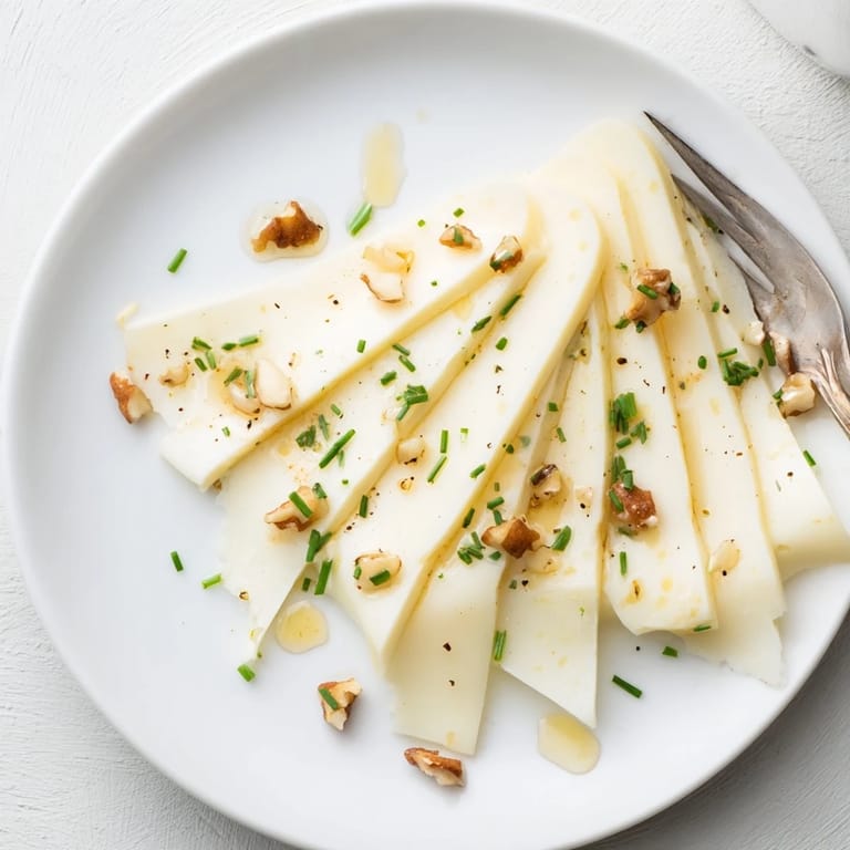 Close-up of a Swiss cheese fan, with fresh chives, a simple, delicious, and easy appetizer.