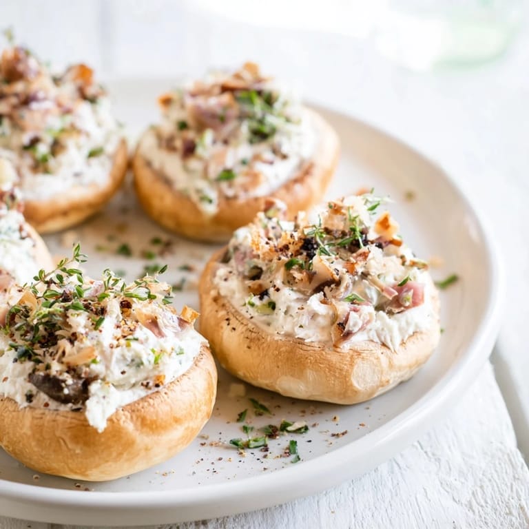 Golden-brown Stuffed Mushroom Caps, with a herbed cheese filling and breadcrumb topping.