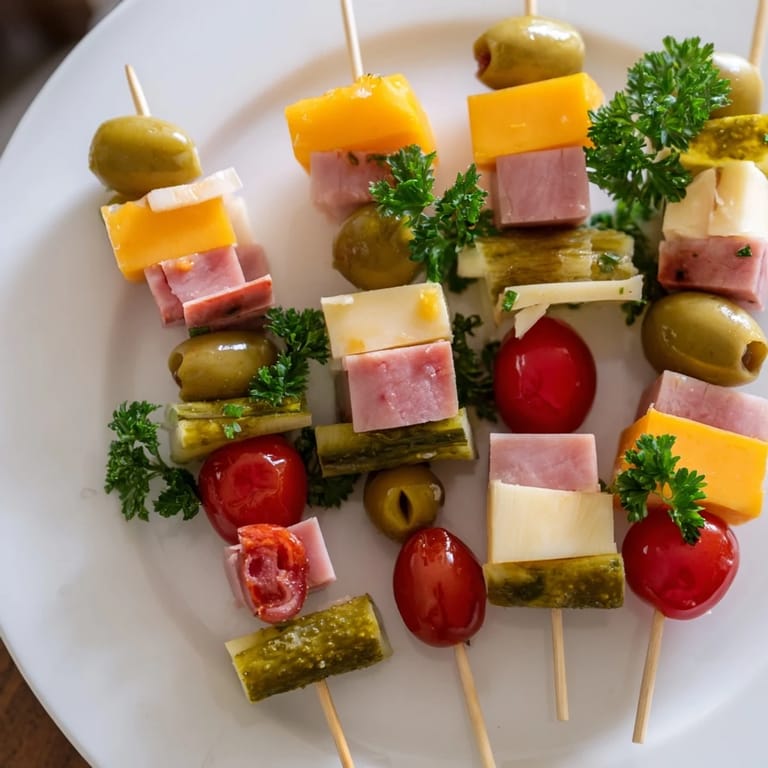 Close-up of Savory Skewers: tender ham, cheddar, and pickles arranged on wooden skewers for a tasty snack.