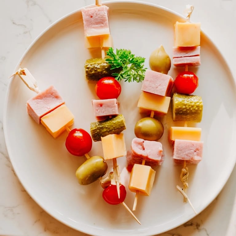 Easy Savory Skewers recipe featuring savory meat, cheese, and pickle bites on skewers, perfect flavors.