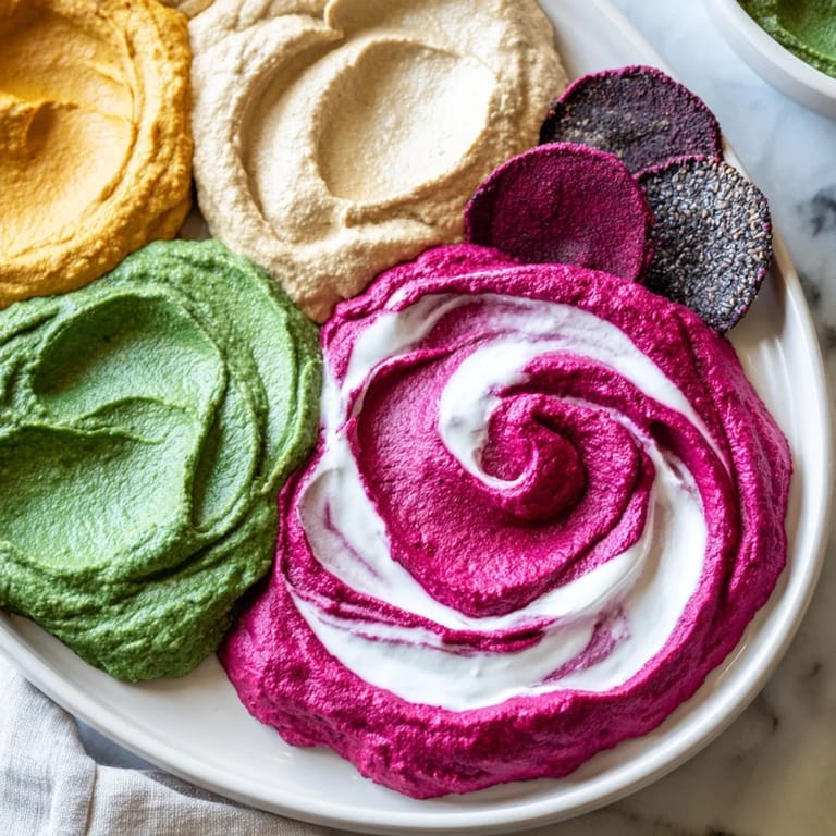 Party-ready The Marble Swirl appetizer, showcasing vibrant dips beautifully swirled with coordinating gluten-free crackers.