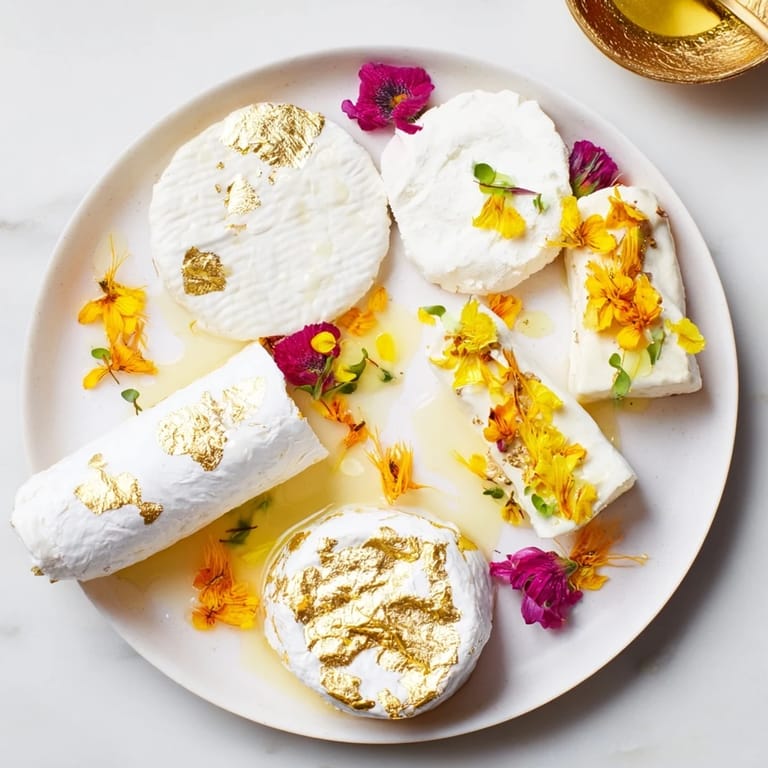 Elegant The Gilded Lily cheese platter, accented with gold leaf and bright yellow flower petals.