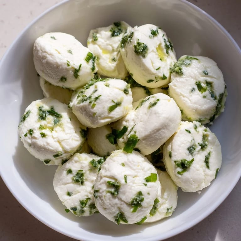 Creamy goat cheese "Mossy Stone" appetizers, rolled in herbs, ready for the cheese platter.