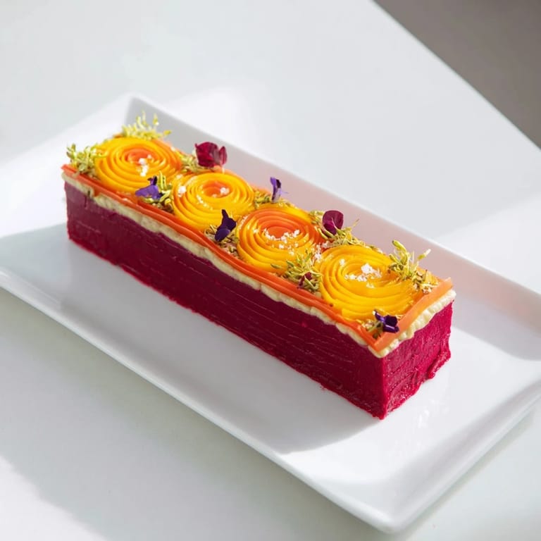 The Modernist Stripe appetizer with bold, colorful purées, microgreens, and a sprinkle of sea salt.