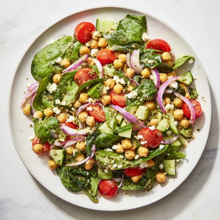 Freshly tossed pesto chickpea and spinach salad, colorful and flavorful, ready to serve immediately.