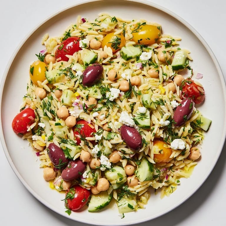 Bright, refreshing Greek Lemon-Orzo Bean Salad close-up, showing creamy chickpeas and a zesty lemon dressing.