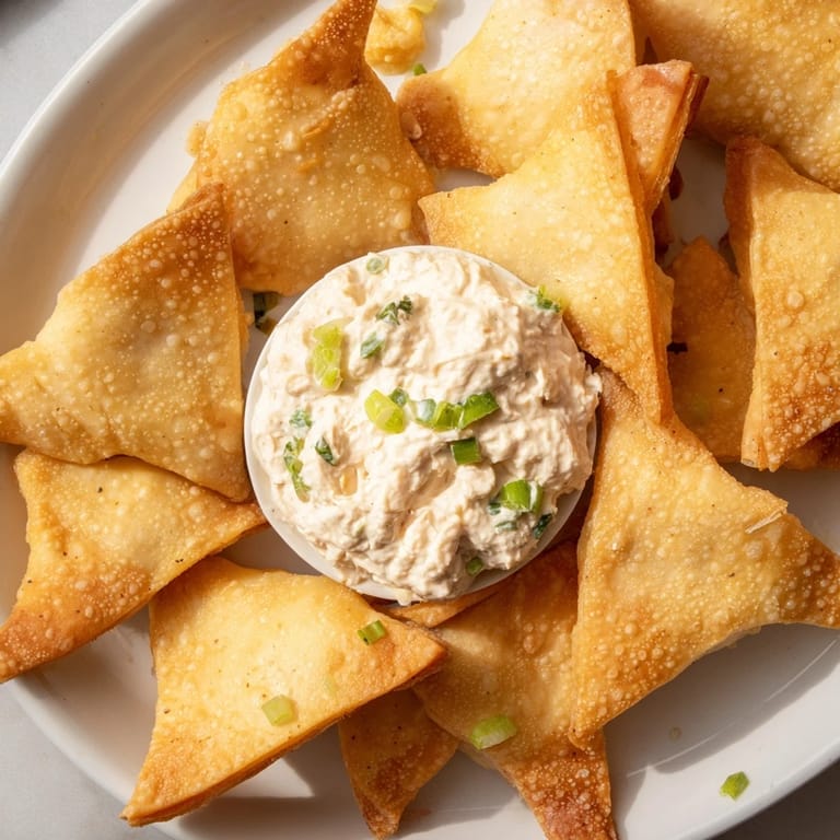 Gotowe do jedzenia: Miska pełna Air Fryer Lumpia Chips i Chicken Cream Cheese Dip.