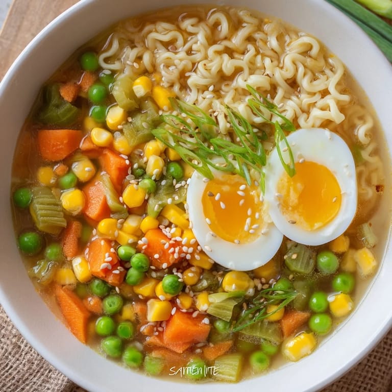 Apetyczny widok miski ulepszonego ramen z mrożonym groszkiem, zwieńczonej zieloną cebulką.