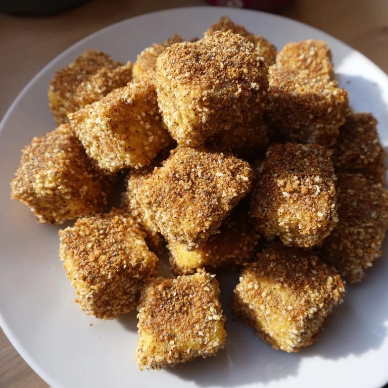 Apetyczne popcornowe tofu z widocznymi przyprawami, idealne do maczania w ulubionym sosie.