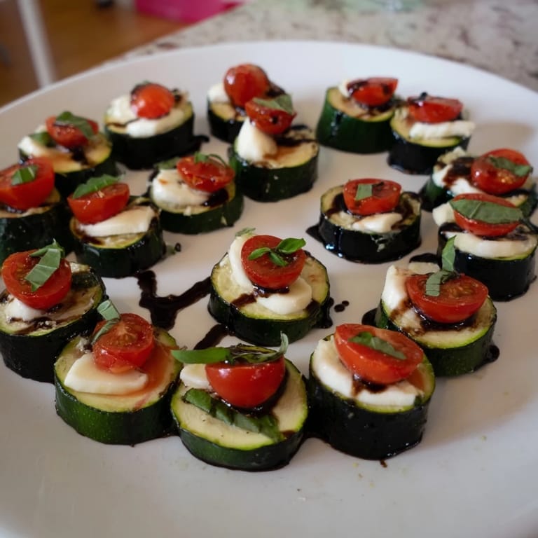 Warm Zucchini Caprese Bites, a vegetarian delight combining zucchini, mozzarella, and juicy tomatoes.