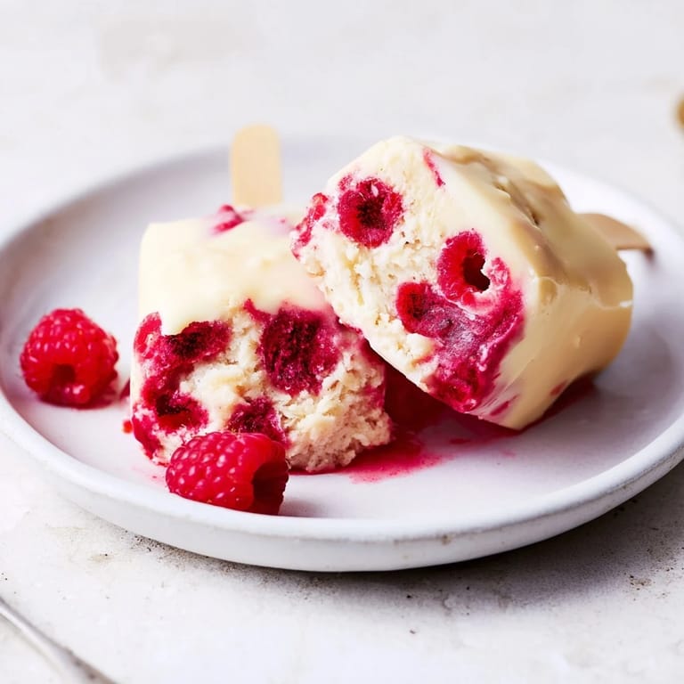A close-up of beautifully layered raspberry coconut ice pops, a vegan treat perfect for hot weather refreshment.