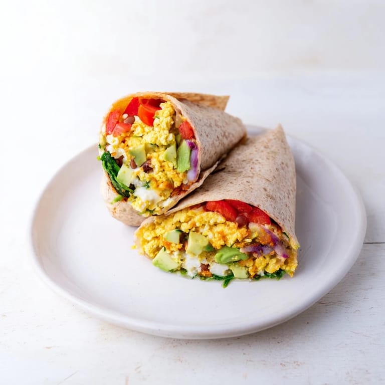 Warm and savory, a Veggie-Loaded Breakfast Burrito filled with cheese, veggies, and black beans on a plate.
