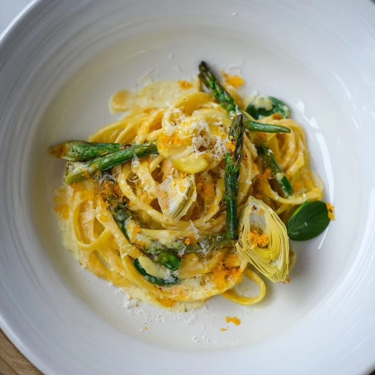 Close-up of the flavorful creamy lemon artichoke pasta, perfect for a vegetarian meal today.