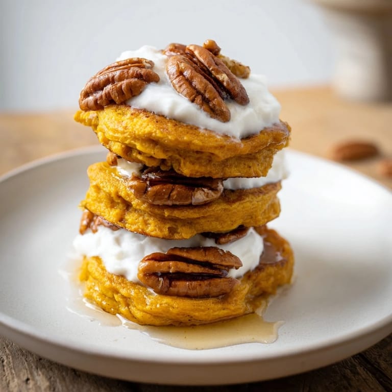 Golden-brown Fluffy Pumpkin Spice Pancakes, featuring warm spices and a dusting of powdered sugar.