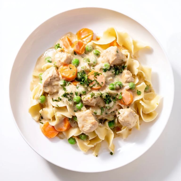 A steaming bowl of Creamy Chicken and Egg Noodles, topped with fresh parsley for serving.