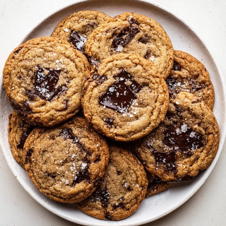 Close-up of miso brown butter cookies, showing their crinkled edges and sea salt topping.