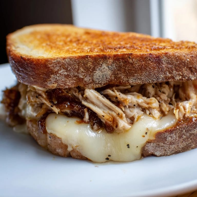 A close-up of a perfectly grilled chili crisp honey chicken grilled cheese sandwich, delicious and savory.