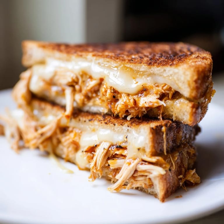 Buttery, crispy sourdough cradling spicy chili crisp honey chicken grilled cheese, a quick lunch idea.