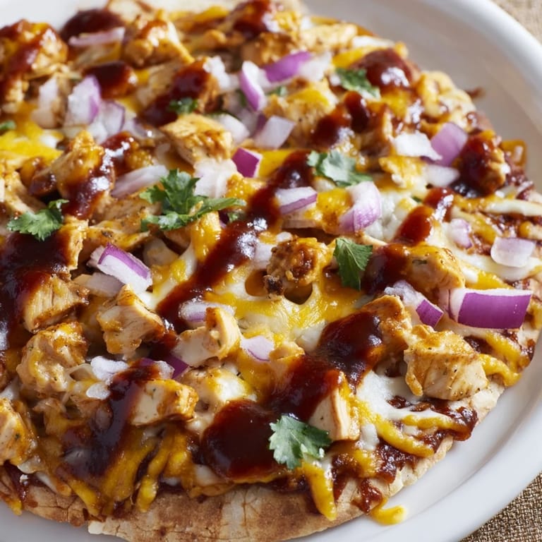 Enjoy a savory bite of BBQ Chicken Flatbread with melty cheese and tender, juicy chicken.