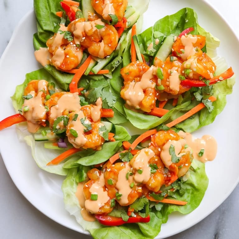 Fresh shrimp lettuce cups arranged, ready to be eaten, with a creamy sauce drizzled over.