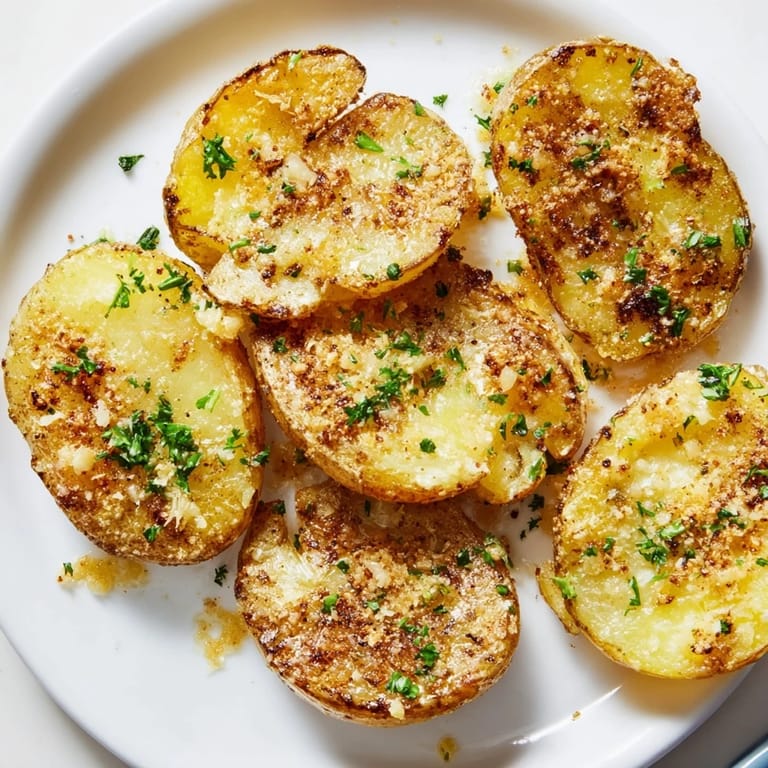 Freshly baked Garlic Parmesan Potatoes, speckled with herbs and cheese, offering a delicious aroma.