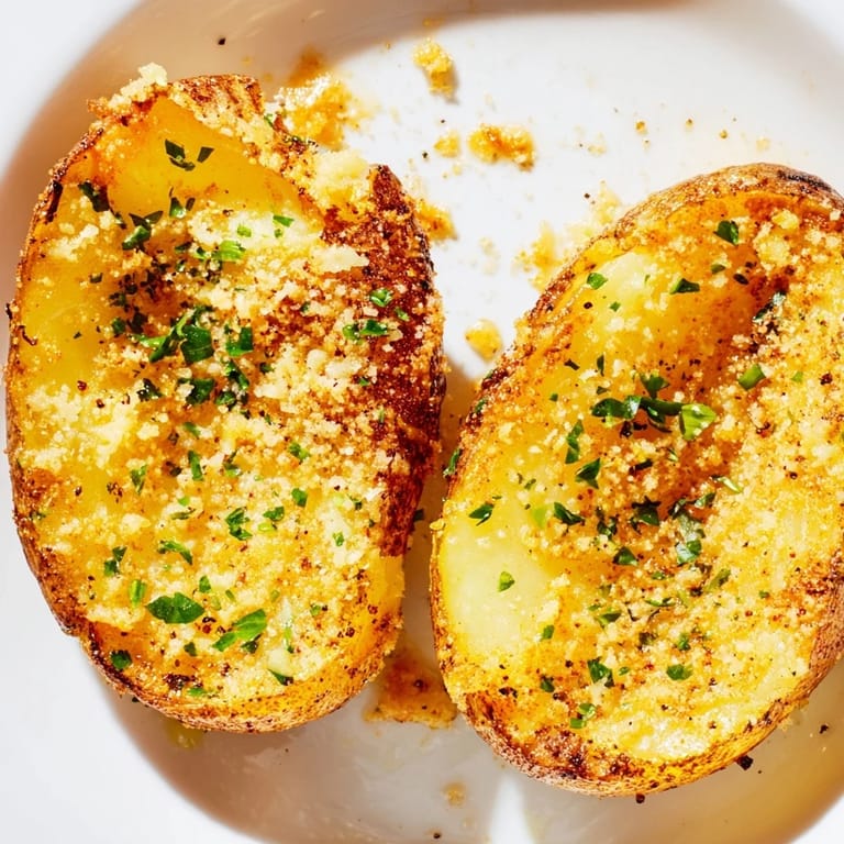 Close-up of crispy Garlic Parmesan Potatoes, a flavorful vegetarian side ready for a tasty meal.