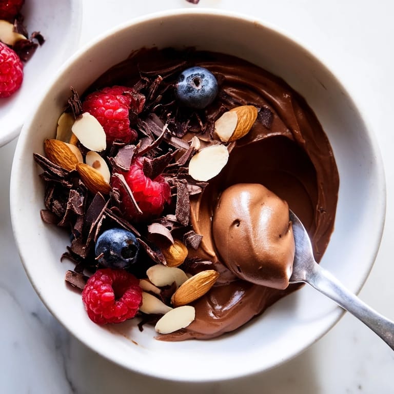 A decadent close-up shows the rich texture of Chocolate Avocado Mousse garnished with dark chocolate.