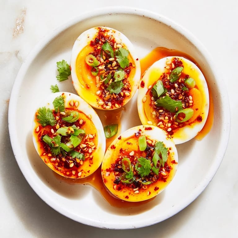 Apetyczne jajka w oleju chili, bogato skropione sosem, zachęcają do skosztowania idealnego dania.