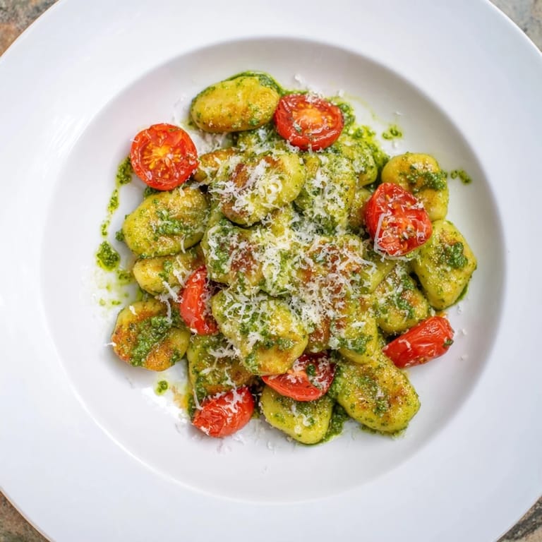 Savory photo: perfectly browned crispy gnocchi with pesto, ready to serve with fresh basil.
