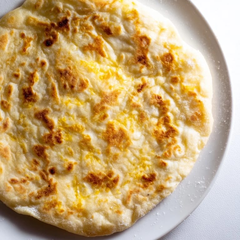 Freshly cooked, soft cottage cheese flatbread, with lightly browned spots, ready to savor.
