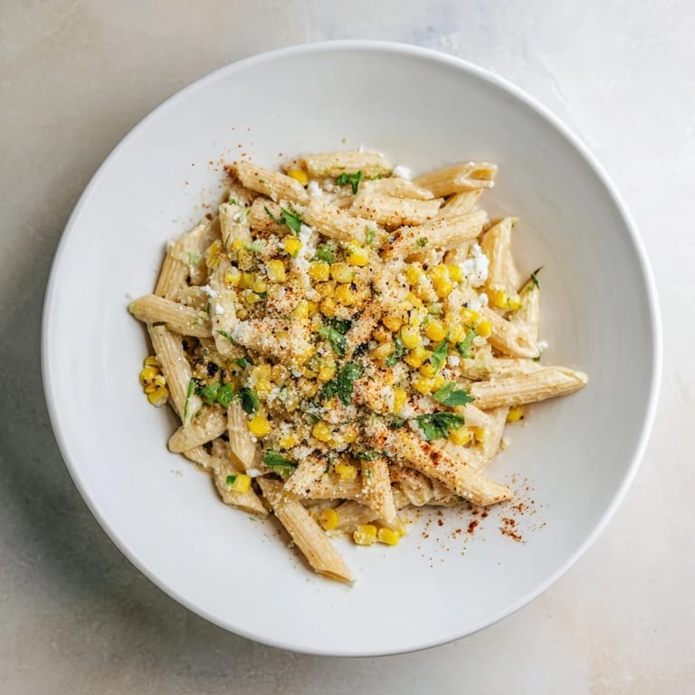 Close-up of a flavorful Mexican Street Corn Pasta, featuring vibrant corn and a luscious sauce.