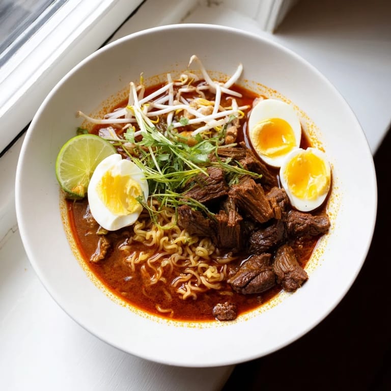 Steaming bowl of Chaos Cooking Birria Ramen, a fusion delight with tender beef and rich broth.