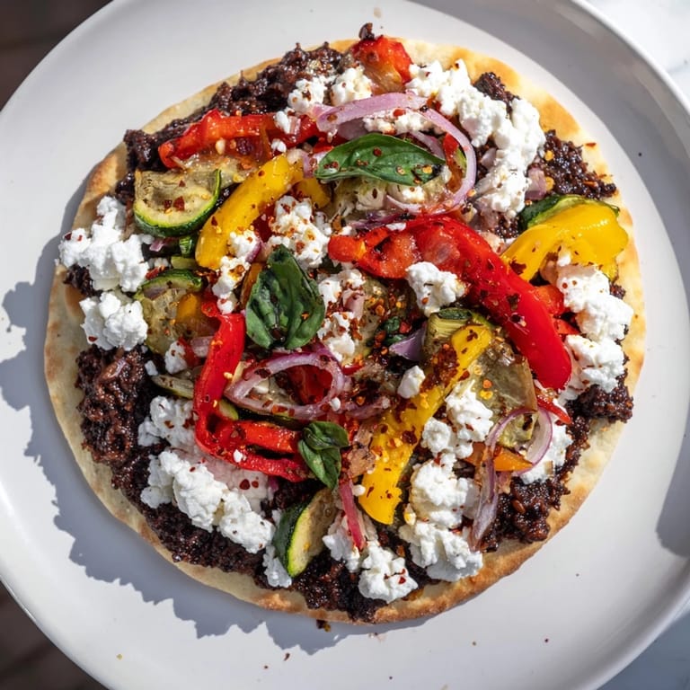 A delicious Mediterranean naan bread pizza with colorful roasted vegetables and creamy feta.