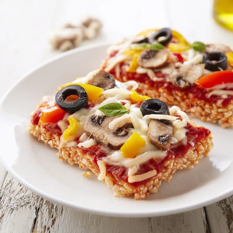 Apetyczne ciasto ryżowe w stylu pizzy, z roztopionym serem i ulubionymi dodatkami, gotowe do podania.