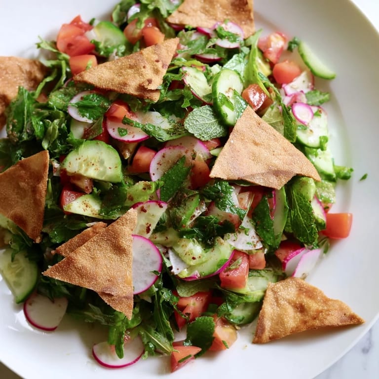 Apetyczna, blisko upieczona Lebanese Fattoush z pomidorami, ziołami i pokruszoną pitą dla idealnego obiadu.