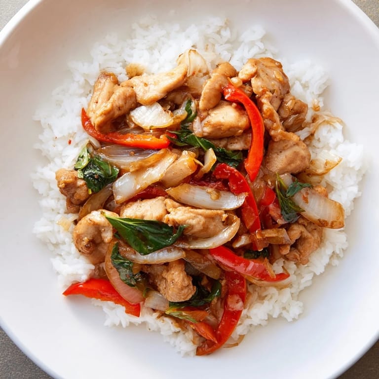 Aromatic stir-fried Thai Basil Chicken Bowls, showcasing vibrant red peppers and fluffy jasmine rice.